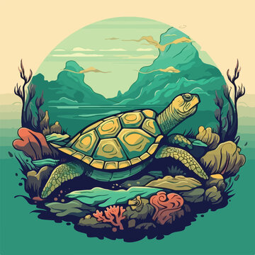 Turtle Swim In Sea Underwater Scene Vintage Logo Badge Vector Illustration