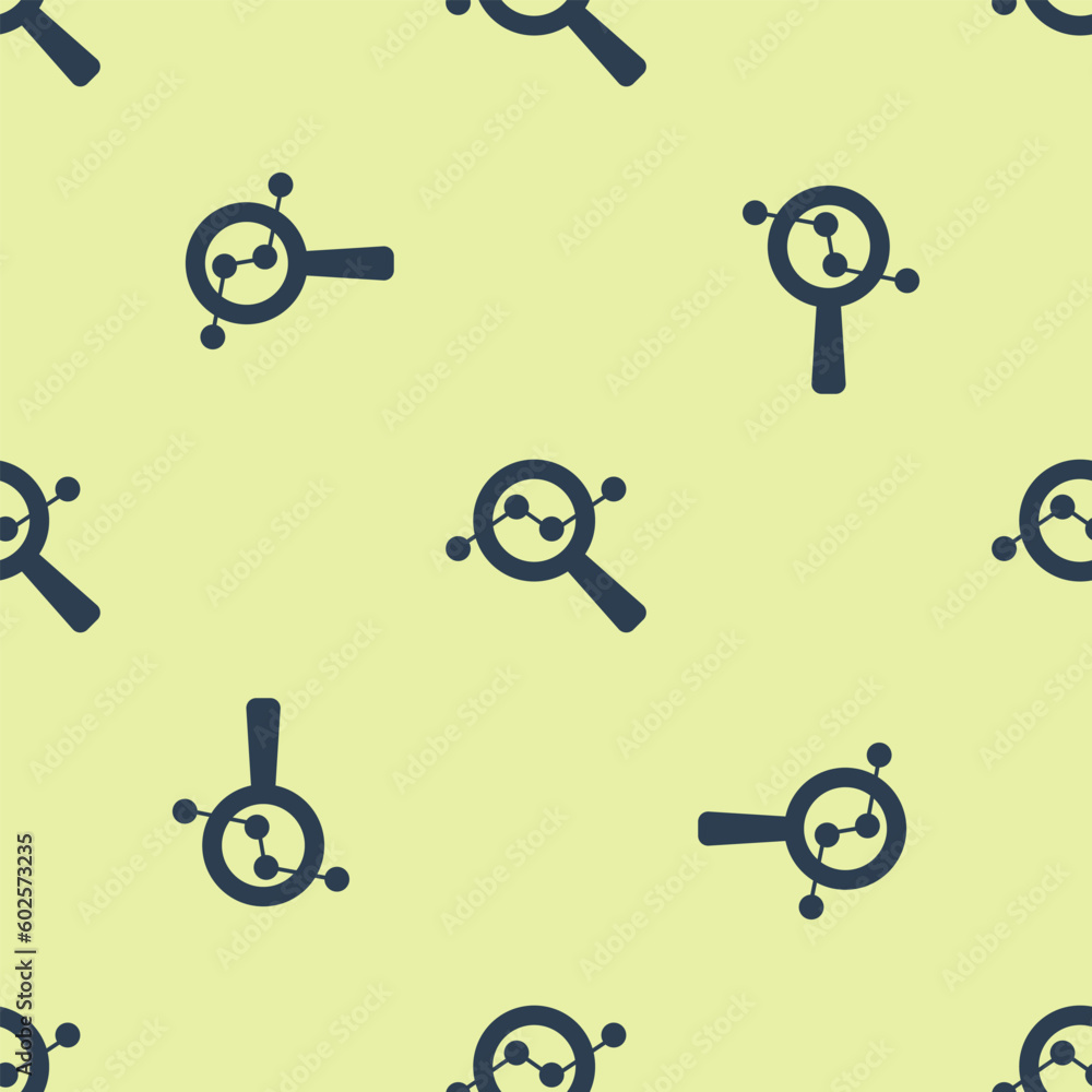 Poster blue magnifying glass and data analysis icon isolated seamless pattern on yellow background. search 