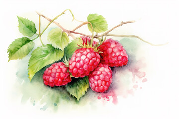 Fresh raspberries twig, Watercolor painting, Ai generated