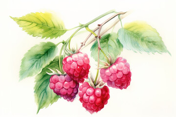 Fresh raspberries twig, Watercolor painting, Ai generated
