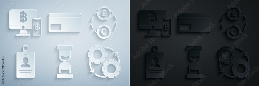 Sticker Set Old hourglass with flowing sand, Money exchange, Identification badge, Gear arrows workflow process concept, Envelope and Computer monitor mobile phone bitcoin icon. Vector