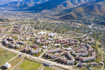Aerial view of Vanadzor town on sunny autumn day. Lori Province, Armenia.