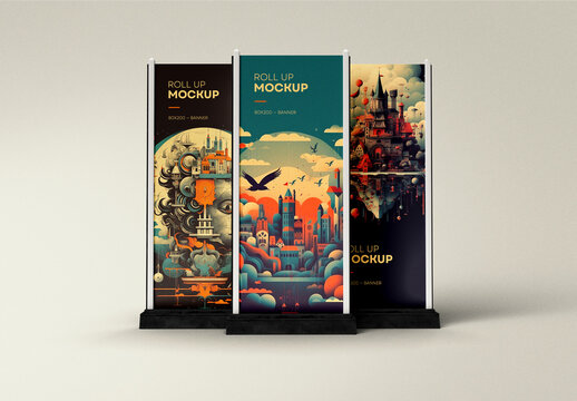 Colorful Roll-Up Banner Mockup &ndash; Futuristic Design Trio on Neutral Background