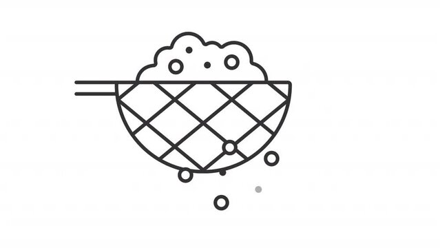 Sifting icon animation. Animated line flour falling through sieve. Baking cake. Preparing food. Culinary class. Loop HD video with alpha channel, transparent background. Outline motion graphic