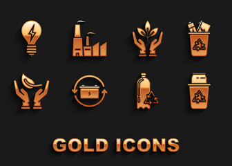 Set Battery with recycle symbol, Recycle bin, and can, Recycling plastic bottle, Sprout hand of environmental protection, Plant, Light bulb lightning and Factory icon. Vector