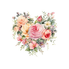 Fototapeta premium Gentle Retro Style Watercolor Painting: Romantic Heart Shape with Vintage Flowers and Rose Leaves for Decor, Isolated Transparent Background, Created by Generative AI