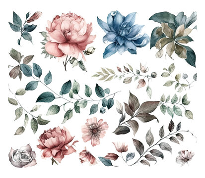 Set of watercolor flowers leaves and twigs on a white background © arts_vector