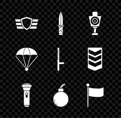 Set Military reward medal, knife, Human target sport for shooting, Flashlight, Bomb ready to explode, Flag, Parachute and Police rubber baton icon. Vector