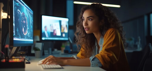 Generative Ai. a woman sitting in front of a computer 