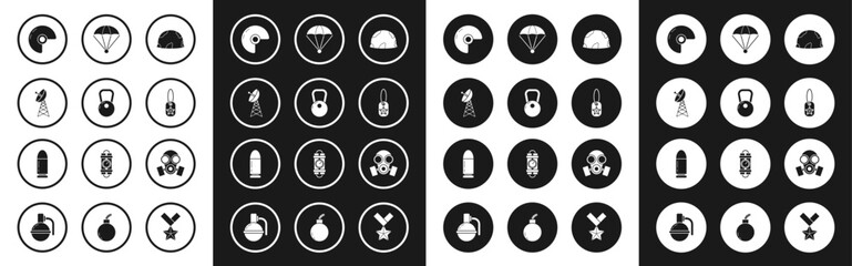 Set Military helmet, Kettlebell, Radar, dog tag, Parachute, Gas mask and Bullet icon. Vector