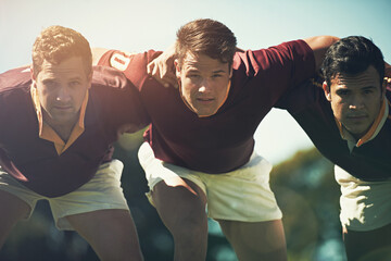 Rugby team, sports and portrait of men together outdoor on pitch for scrum, teamwork or focus. Male...