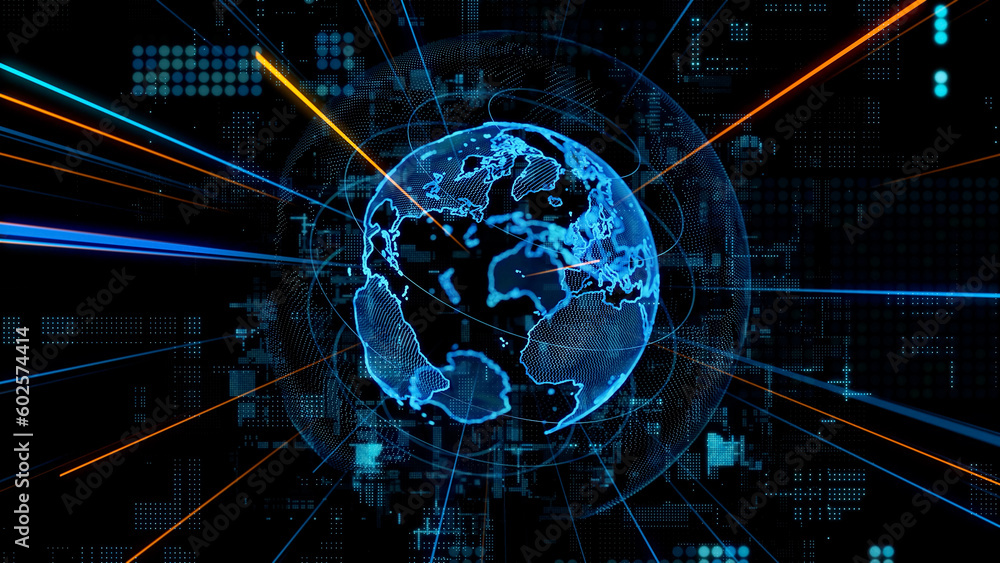 Poster Global communication network concept. Planet earth in cyberspace. Digital transformation.