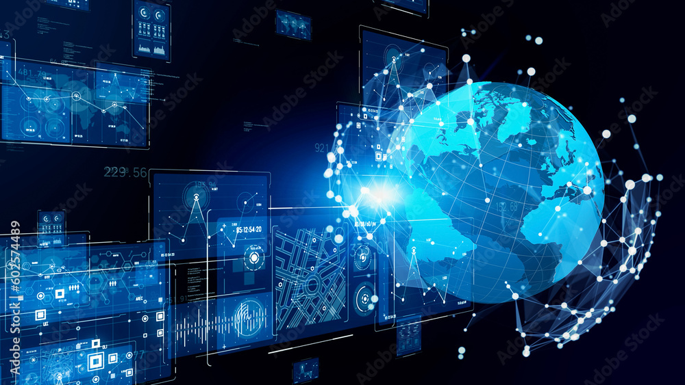 Poster global communication network concept. planet earth in cyberspace.