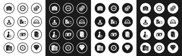 Set Casino chip with dollar, chips and stacks money cash, win, Online poker table game, signboard, Playing card heart and Money bag casino icon. Vector