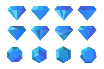 Set of blue diamond gem stone in a flat design