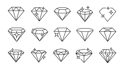 Set of black line diamond icon. Gemstone diamond collection - obrazy, fototapety, plakaty