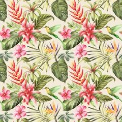 Poster Vintage seamless pattern, wallpaper tropical palm leaf, hummingbird, paradise flower, watercolor flora, beige background © Hanna