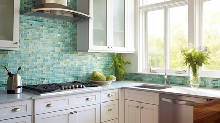 Beach-Inspired Backsplash: Sea Glass Tiles in Shades of Blue and Green for a Calming Kitchen