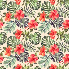 Tuinposter Floral vintage seamless pattern, Watercolor tropical monstera palm leaves, orange hibiscus flowers. Beige background © Hanna