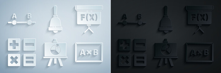 Set Chalkboard with diagram, Calculator, Ringing bell and Graph, schedule, chart, icon. Vector