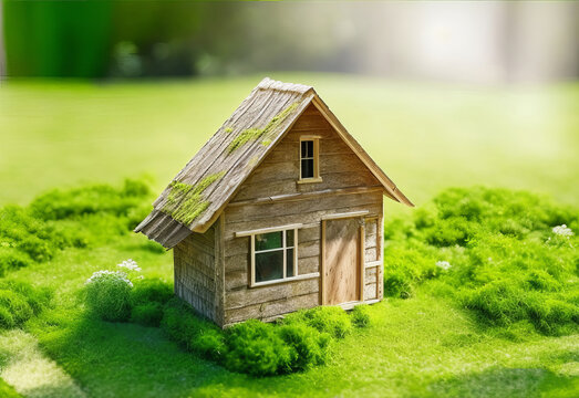 Discover the Charm of Sustainable Miniature Wooden Houses amidst Lush Spring Greenery. Generative AI.