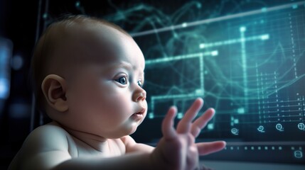 Genius infant baby scrolling futuristic hologram screen with digital data network. Native digital generation concept. Sci-fi illustration. Abstract blue background. AI generative image.
