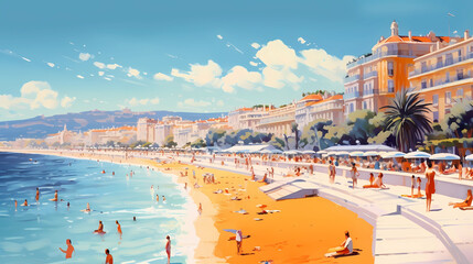 Illustration of beautiful view of the city of Nice, France - obrazy, fototapety, plakaty