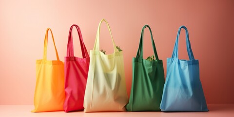 A set of colorful, reusable shopping bags displayed on a bright background, promoting eco-friendliness, concept of Sustainability, created with Generative AI technology