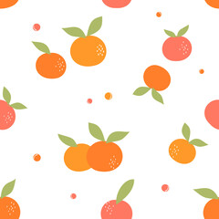 Seamless pattern with orange fruit and green leaves on white background vector illustration.