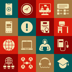Set Graduation cap on globe, Electronic book with mouse, Computer monitor and desk, Online education, Information, Mobile phone, play video and Certificate template icon. Vector