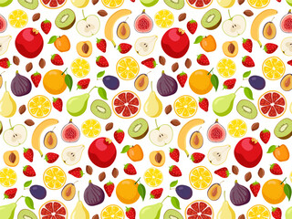 Seamless pattern with Fruits and berries. Fresh Natural organic food. Fruits in hand-drawn style. Repeated vector For wallpaper, wrapping paper, textile, scrapbooking.s. Ingredients for cooking