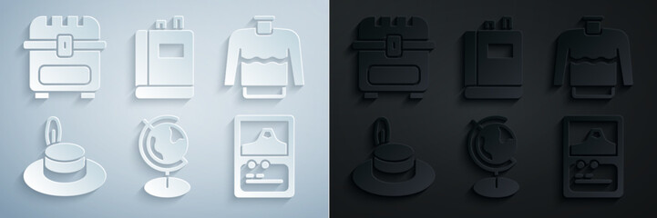 Set Earth globe, Sweater, Man hat, Card game, Book and Antique treasure chest icon. Vector