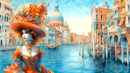Fotobehang Illustration of the beautiful city of Venice. City of gondoliers, bridges, carnivals and love. Italy © proslgn