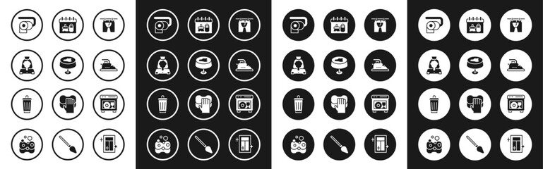 Set Drying clothes, Stain on tablecloth, Cleaning lady service, Toilet paper roll, Electric iron, calendar, Dishwasher machine and Trash can icon. Vector