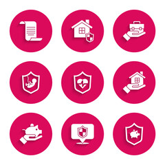 Fototapeta premium Set Life insurance with shield, Location, Piggy bank, House hand, Hand holding briefcase and Document icon. Vector