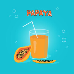Papaya with a glass of papaya juice, on a background of bubbles