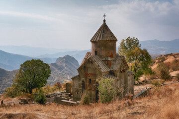 View of Tsakhats Kar monastery on autumn day. Vayots Dzor Province, Armenia.