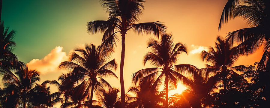 Tropical Palm Trees Silhouette at Sunset ,Vintage Tone, generative ai tools 
 