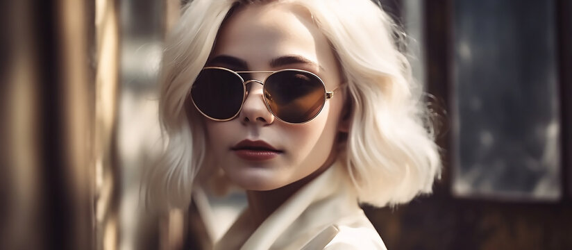 Stylish blonde in shiny dress and sunglasses , face of beautiful fashionable woman in white wig. Glamour fashion girl, generative ai tools 