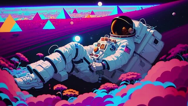 Astronaut in a spacesuit lies on a field of flowers, surrealistic animation. Dreamy cosmic animation, vivid colors illustrations, transformations and metamorphose. AI generated video Generative AI