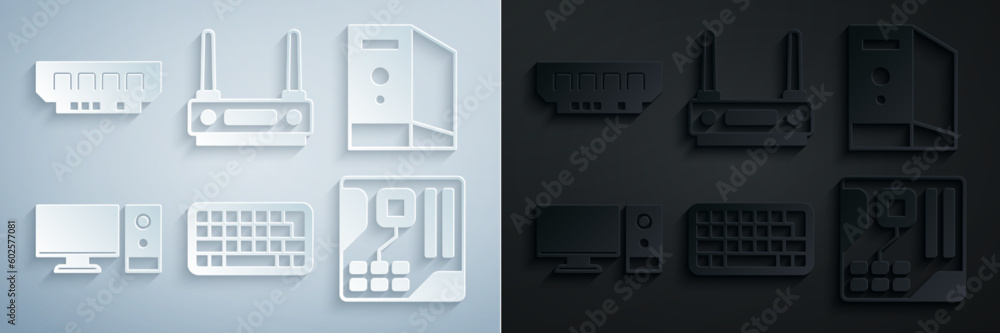 Poster set keyboard, case of computer, computer monitor, motherboard digital chip, router and wi-fi signal 