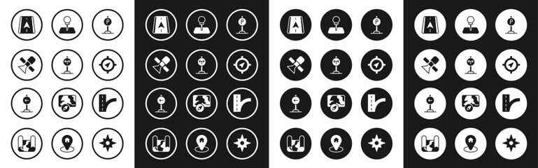 Fototapeta premium Set Parking, Fork the road, Satellite, City map navigation, Compass, Push pin, Road traffic sign and Traffic turn left icon. Vector