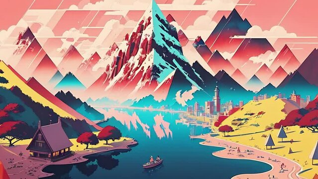 Mountains landscape with river in anime style. High mountains, azure rive in deep valley, trees and blue sky. Bright animation with illustrations transformations and metamorphose. AI Generative AI