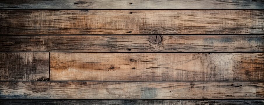 Wide banner with copy space, texture of old boards detailed brushed oak wood as background with artistic design. AI generative