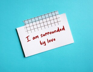 Stick note on blue background with red handwritten text - I am surrounded by love - positive...