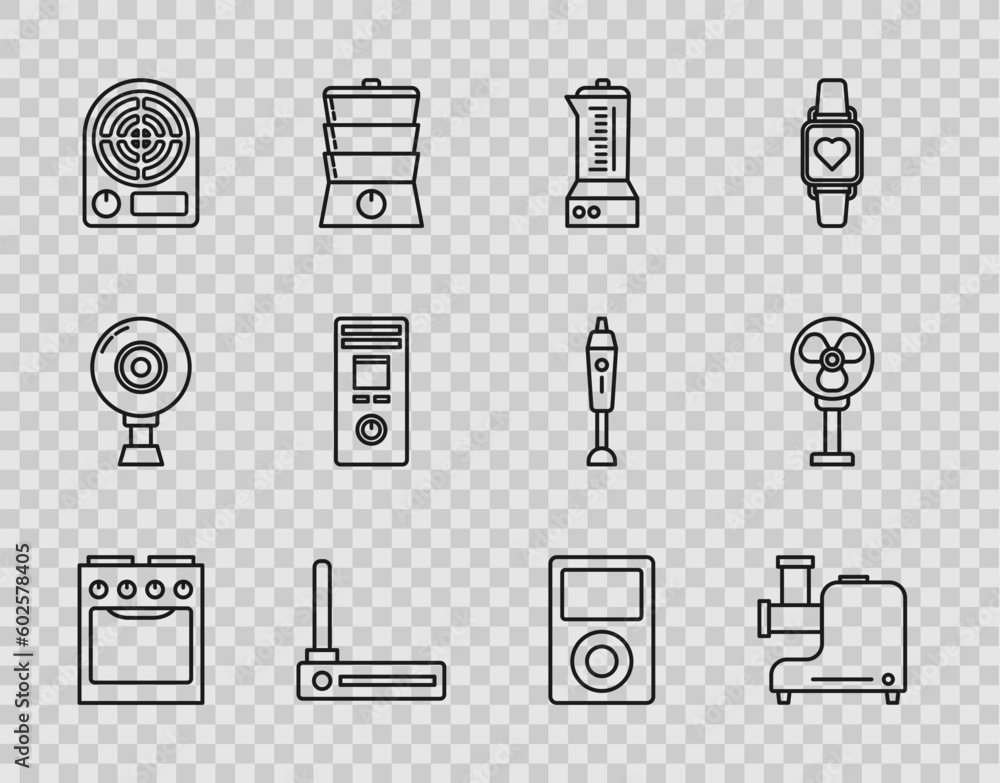 Sticker Set line Oven, Kitchen meat grinder, Blender, Router and wi-fi signal, Electric heater, Remote control, Music player and fan icon. Vector