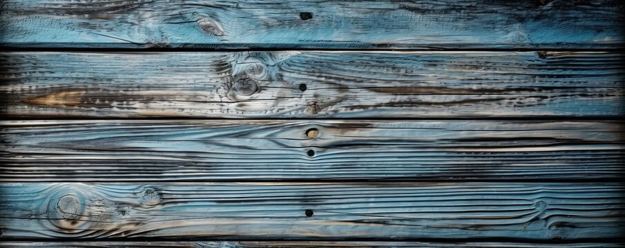 Wide banner with copy space, texture of old blue boards detailed brushed oak wood as background with artistic design. AI generative