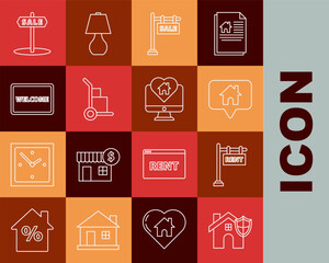 Set line House with shield, Hanging sign text Rent, Map pointer house, Sale, Hand truck and boxes, Doormat the Welcome, and Monitor heart shape icon. Vector