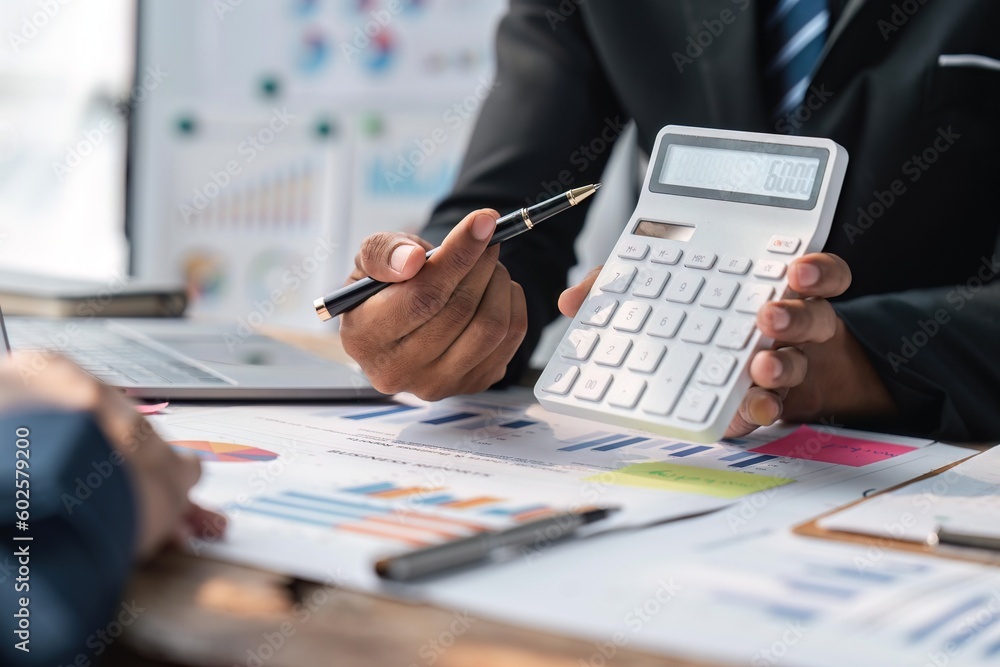 Poster meeting business team advisor about financial graph chart showing results are analyzing and calculat