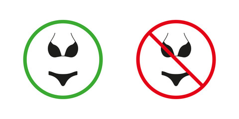 Nude Beach Red and Green Warning Signs. Female Two Pieces Swimsuit Silhouette Icons Set. Women Bikini and Bra Allowed and Prohibited Pictogram. Swimwear Symbol. Isolated Vector Illustration
